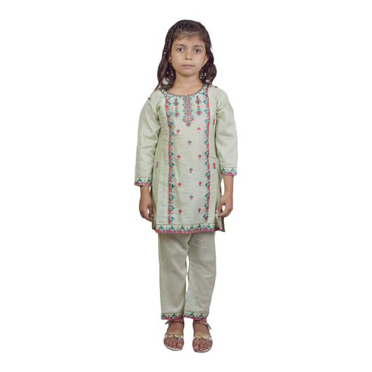 Girls Embroidered Shalwar Kameez with Embroidery on Shirt & Ankle Cuffs | KidZaar