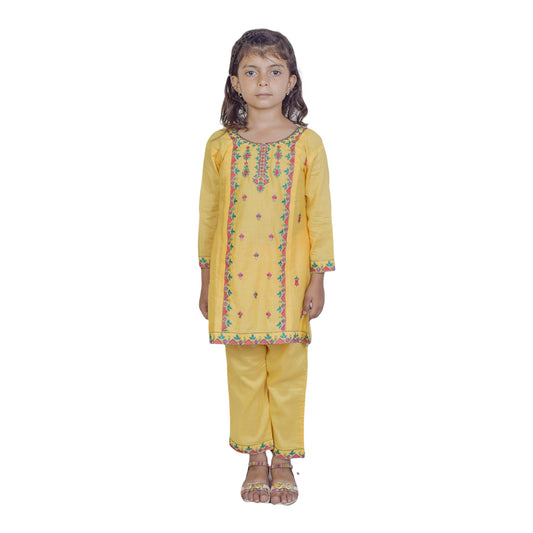 Girls Embroidered Shalwar Kameez with Embroidery on Shirt & Ankle Cuffs | KidZaar