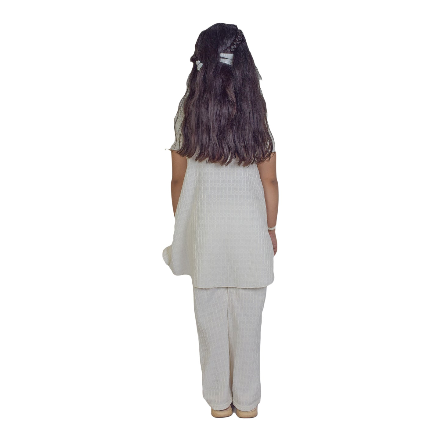 Girls Half White Fancy Kurti & Trouser Set  Pearl Embellished Party Wear