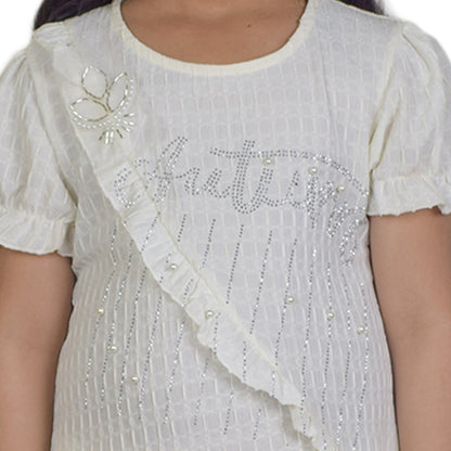 Girls Half White Fancy Kurti & Trouser Set  Pearl Embellished Party Wear