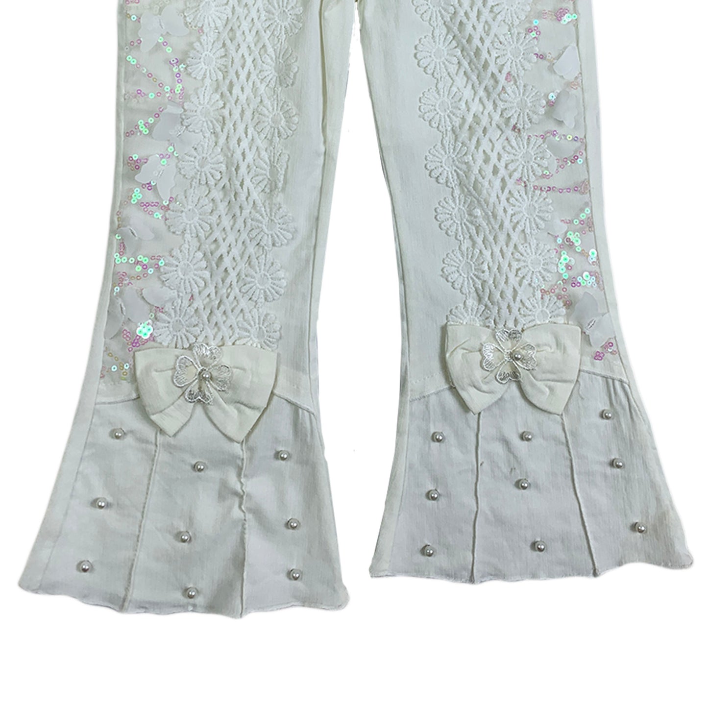 Girls Fancy White Trouser – Pearl & Lace Design with Elegant Bows