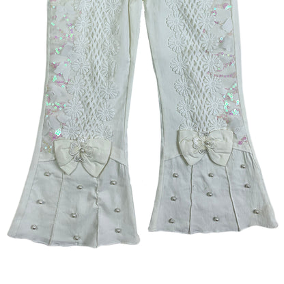 Girls Fancy White Trouser – Pearl & Lace Design with Elegant Bows