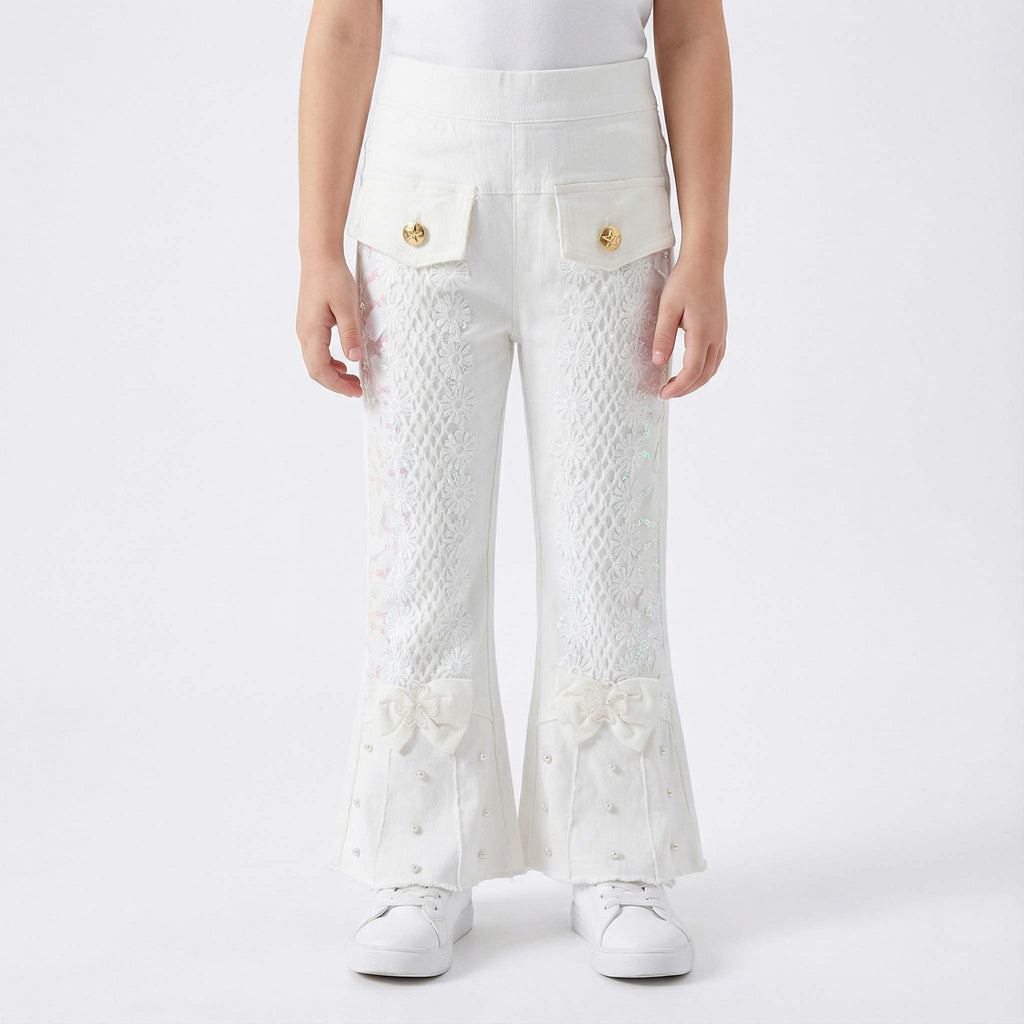 Girls Fancy White Trouser – Pearl & Lace Design with Elegant Bows
