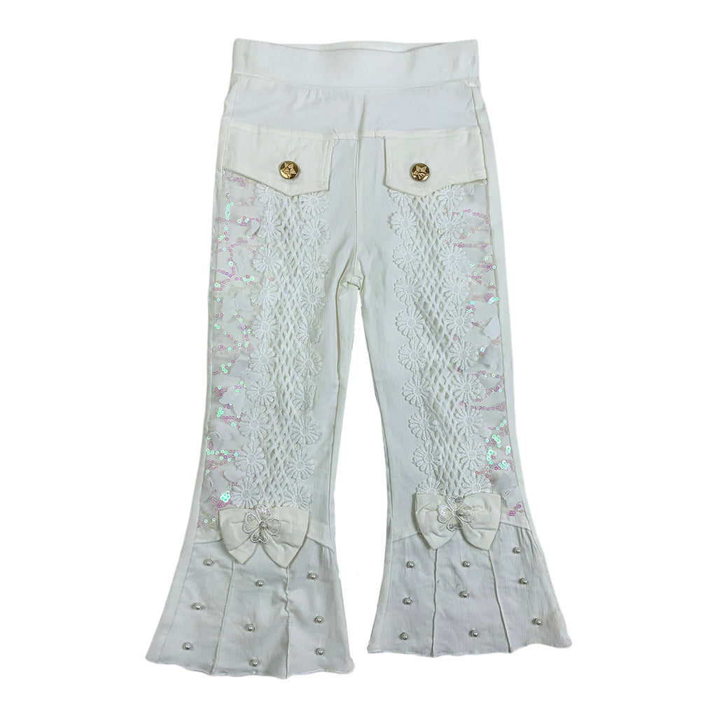 Girls Fancy White Trouser – Pearl & Lace Design with Elegant Bows