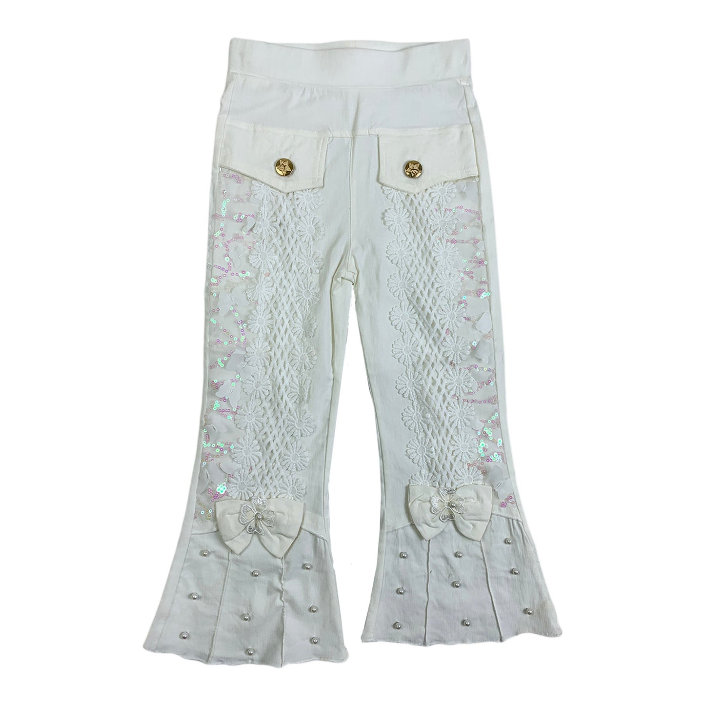 Girls Fancy White Trouser – Pearl & Lace Design with Elegant Bows