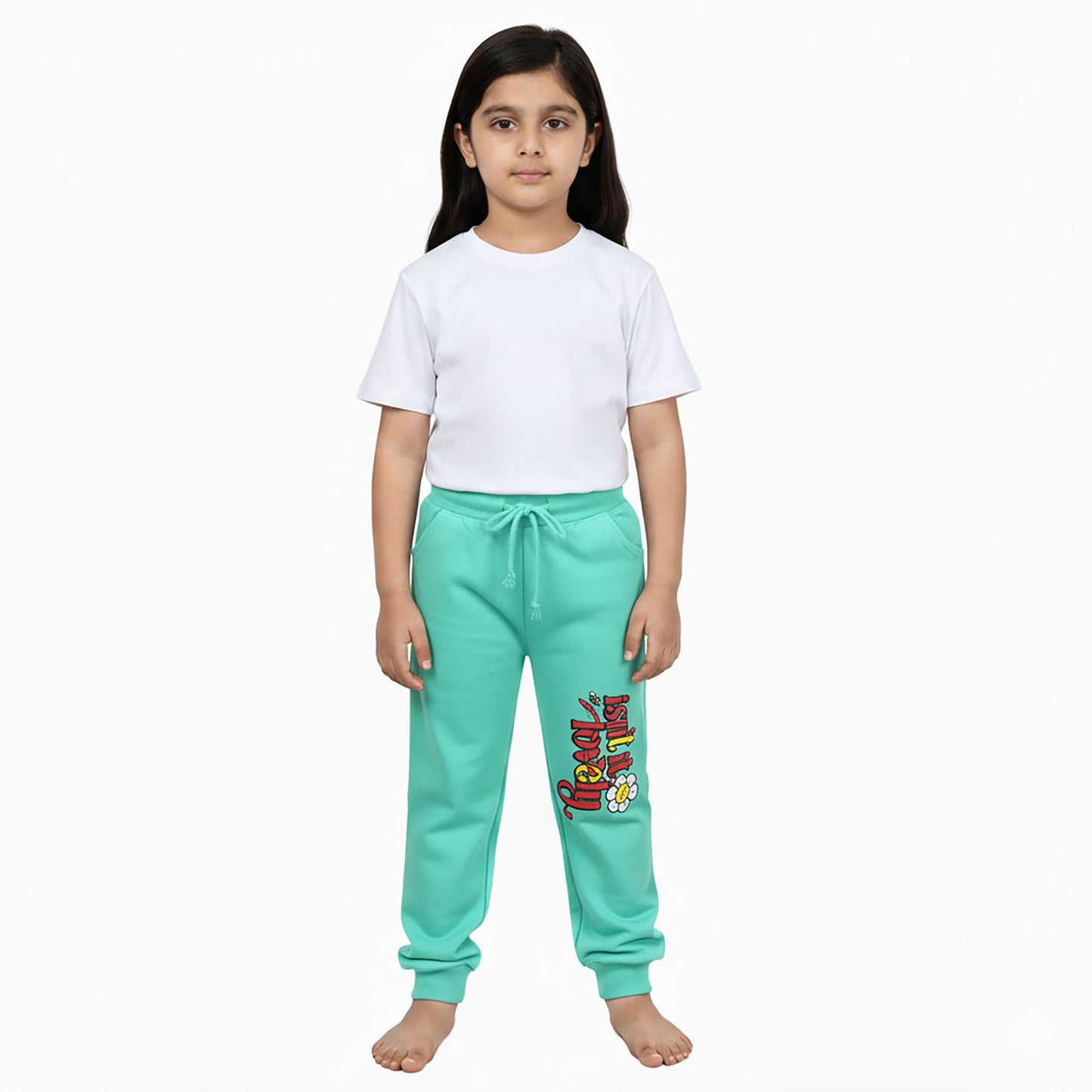 Girls Ferozi Winter Fleece Trouser with Floral Letter Design