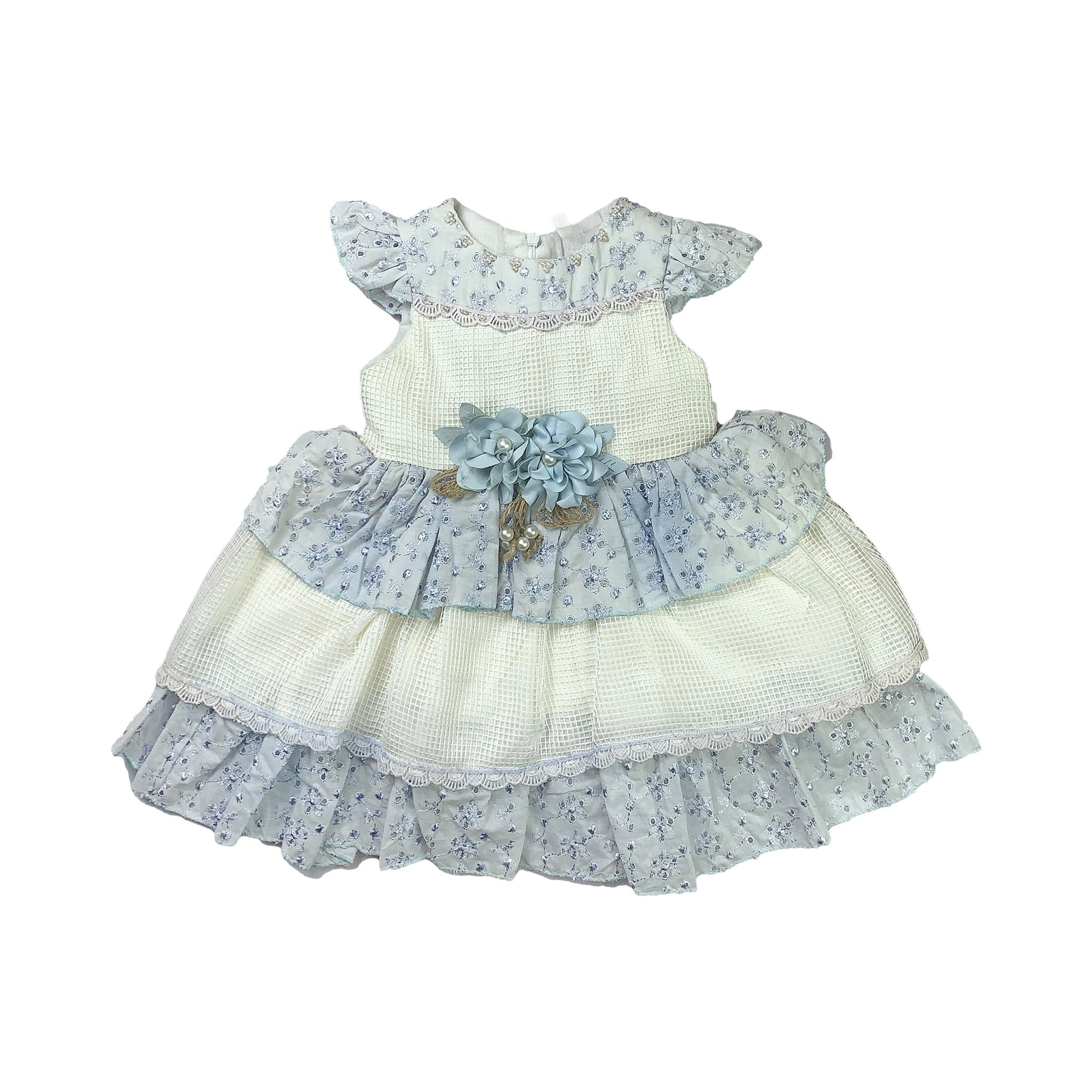 Girls Ferozi & White Cotton Frock with Layered Net and Floral Chest Design