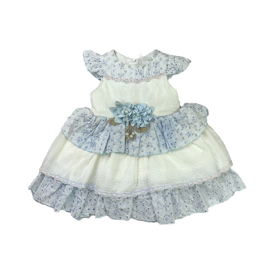 Girls Ferozi & White Cotton Frock with Layered Net and Floral Chest Design