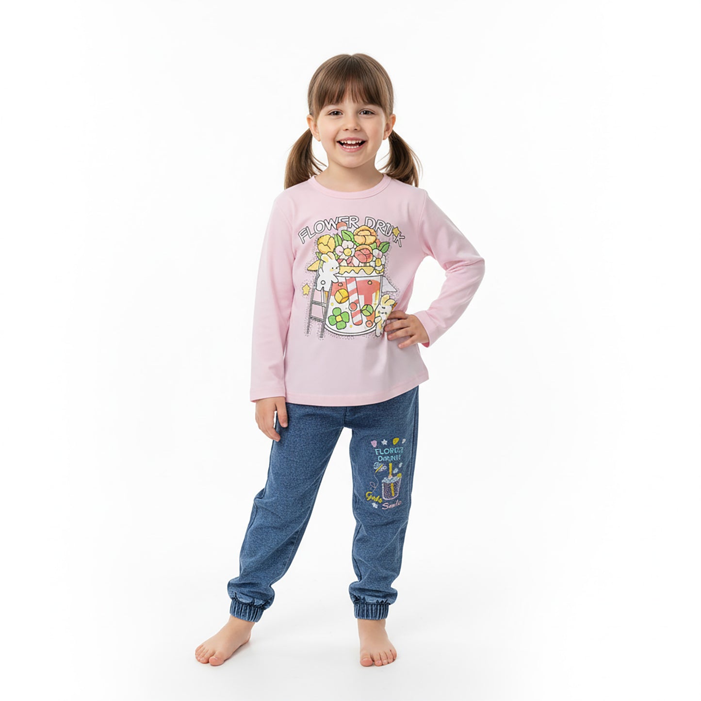 Girls Flower Drink Printed Terry Shirt & Denim Jeans Set – Light Pink & Yellow