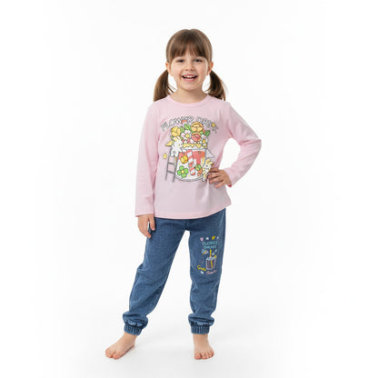 Girls Flower Drink Printed Terry Shirt & Denim Jeans Set – Light Pink & Yellow