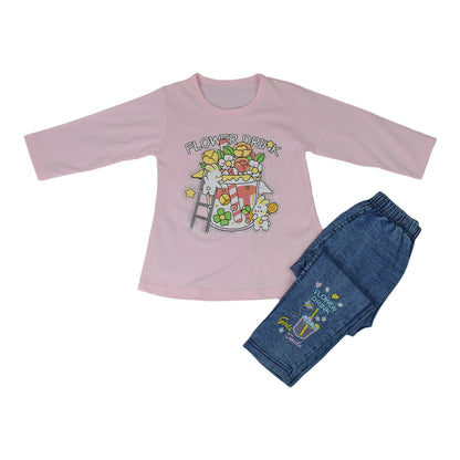 Girls Flower Drink Printed Terry Shirt & Denim Jeans Set – Light Pink & Yellow