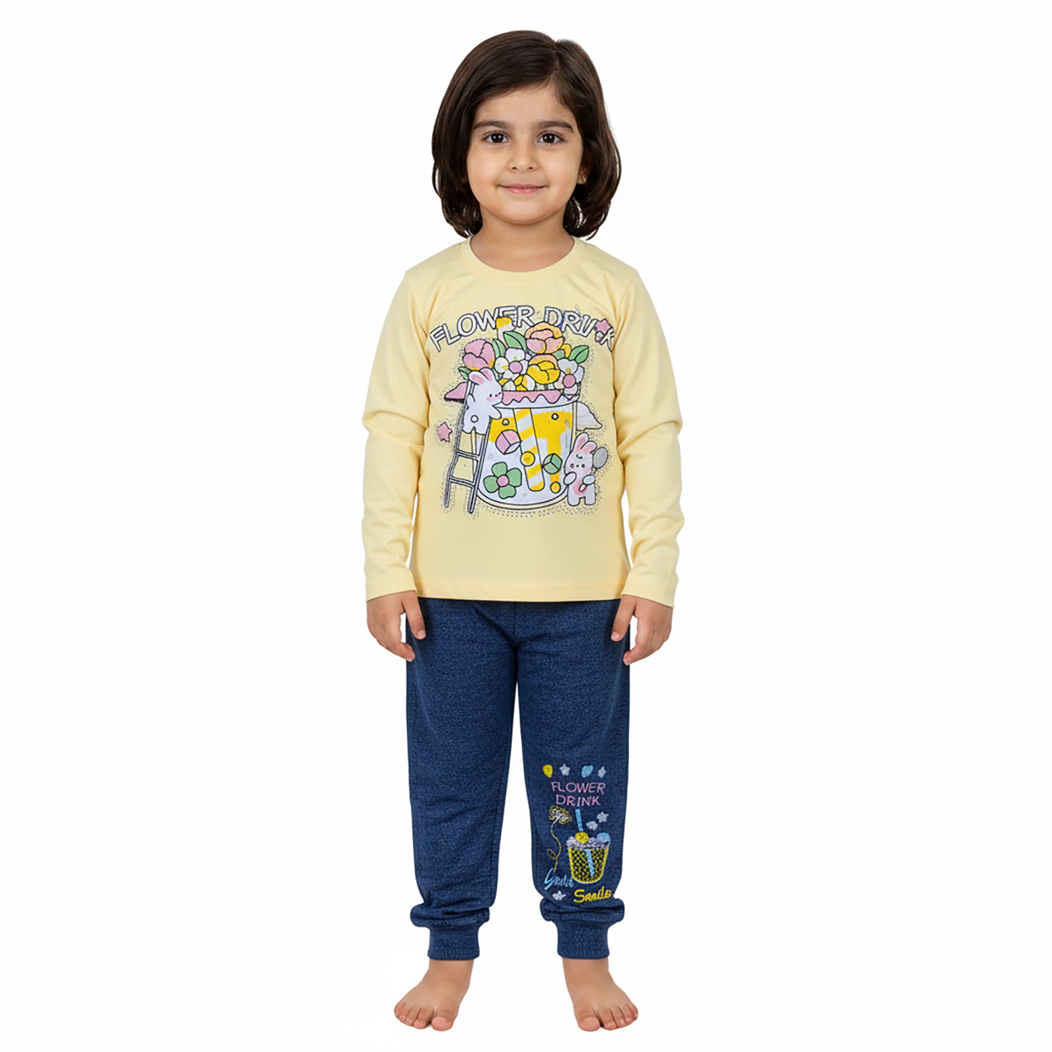 Girls Flower Drink Printed Terry Shirt & Denim Jeans Set – Light Pink & Yellow