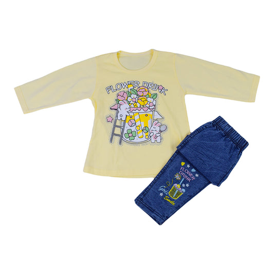 Girls Flower Drink Printed Terry Shirt & Denim Jeans Set – Light Pink & Yellow