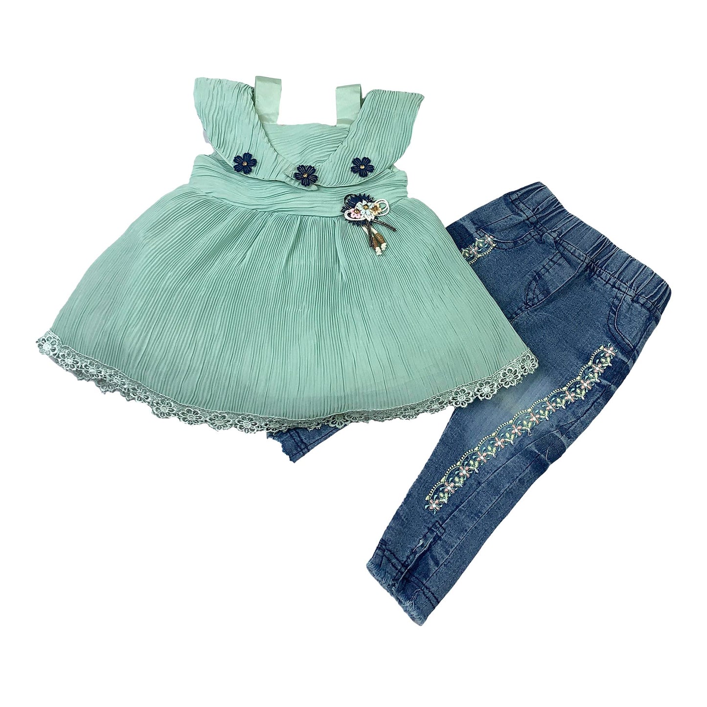 Girls Frock with Embroidered Denim Jeans