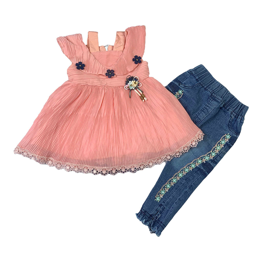 Girls Frock with Embroidered Denim Jeans