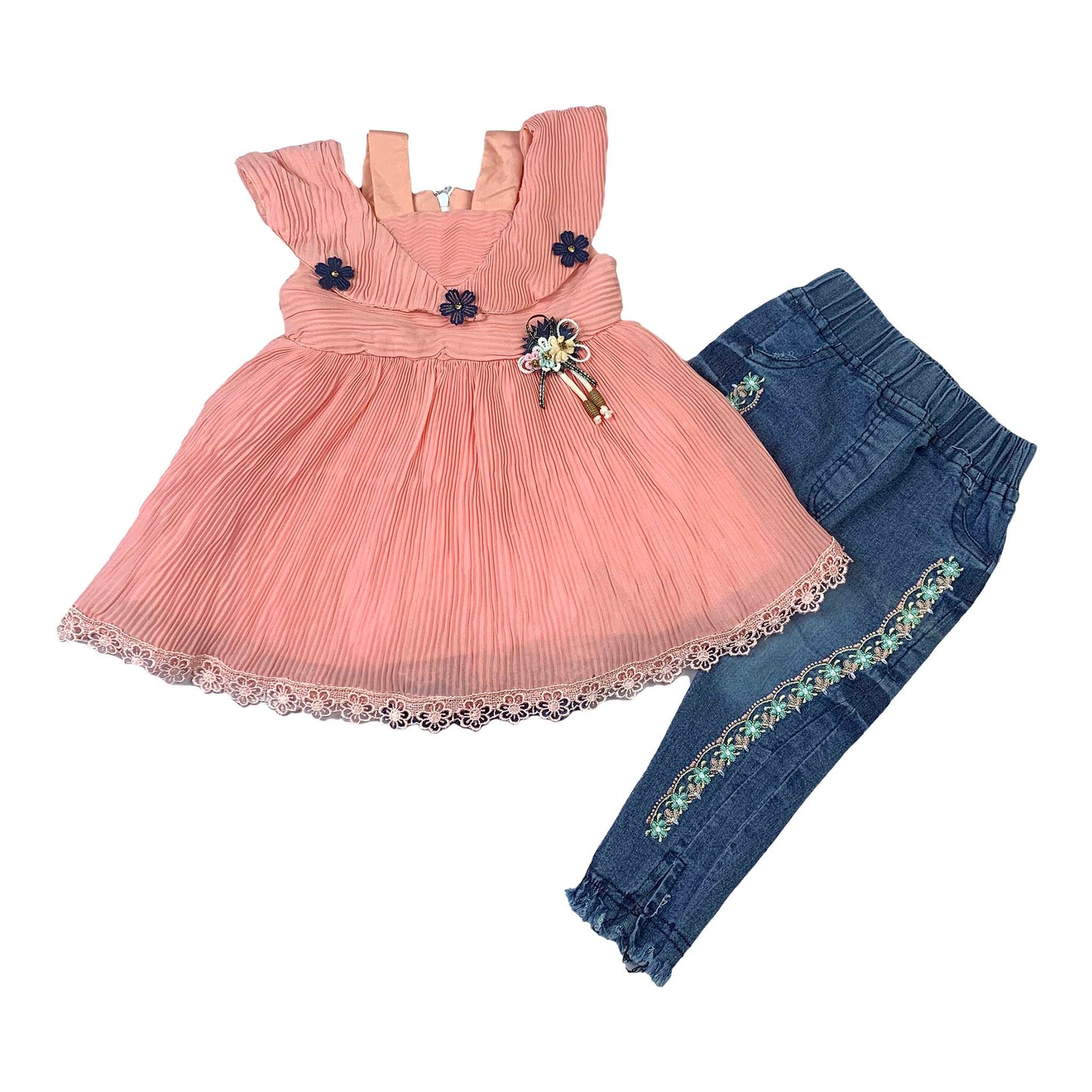 Girls Frock with Embroidered Denim Jeans