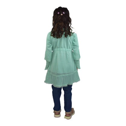 Girls Peach & Green Embroidered Dress Set with Sequin Work and Embroidered Jeans | KidZaar