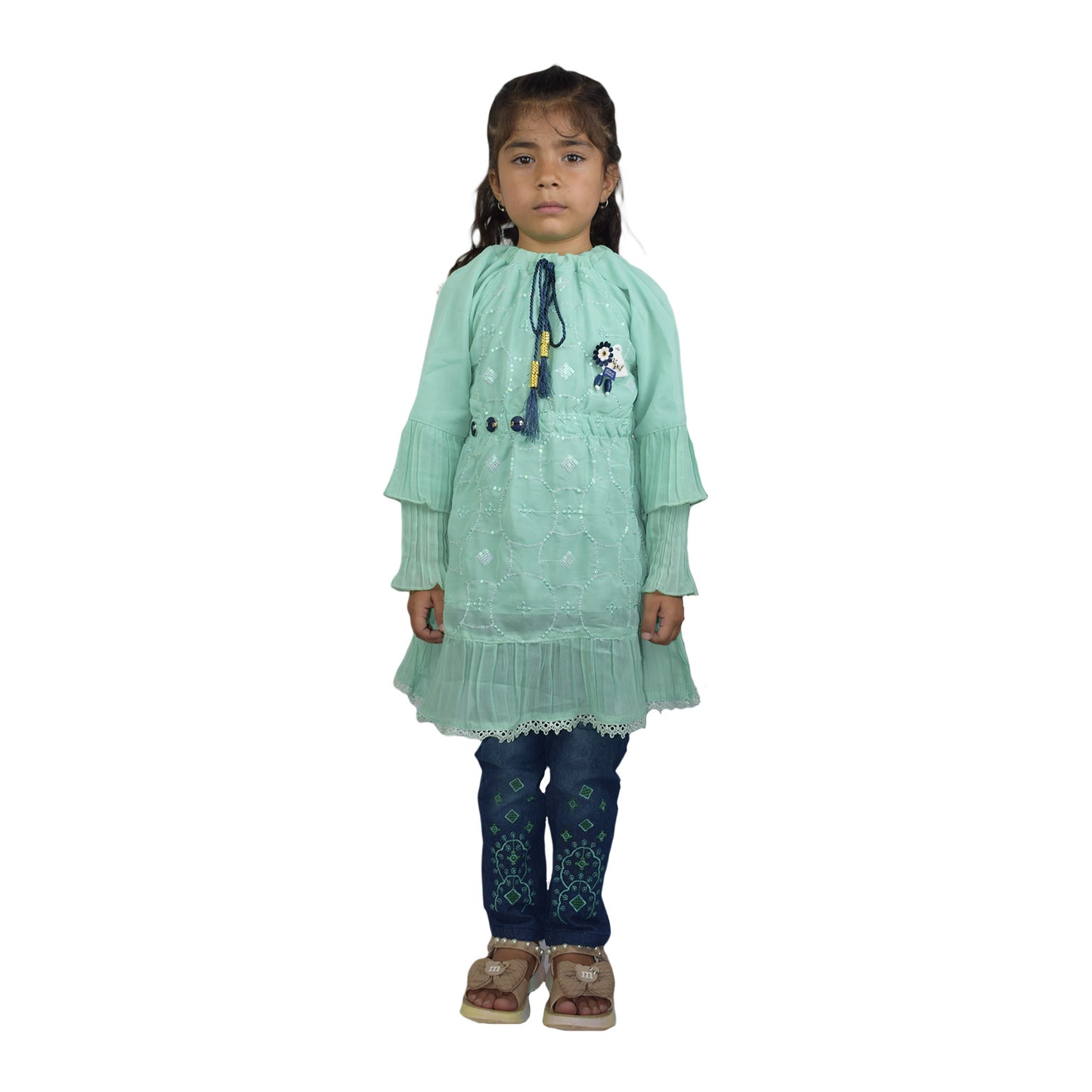 Girls Peach & Green Embroidered Dress Set with Sequin Work and Embroidered Jeans | KidZaar