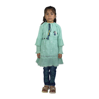 Girls Peach & Green Embroidered Dress Set with Sequin Work and Embroidered Jeans | KidZaar