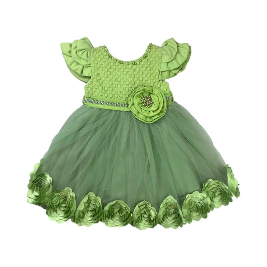 Girls Green Net Frock with Silky Flower Detailing | Party & Festive Wear by Kidzaar