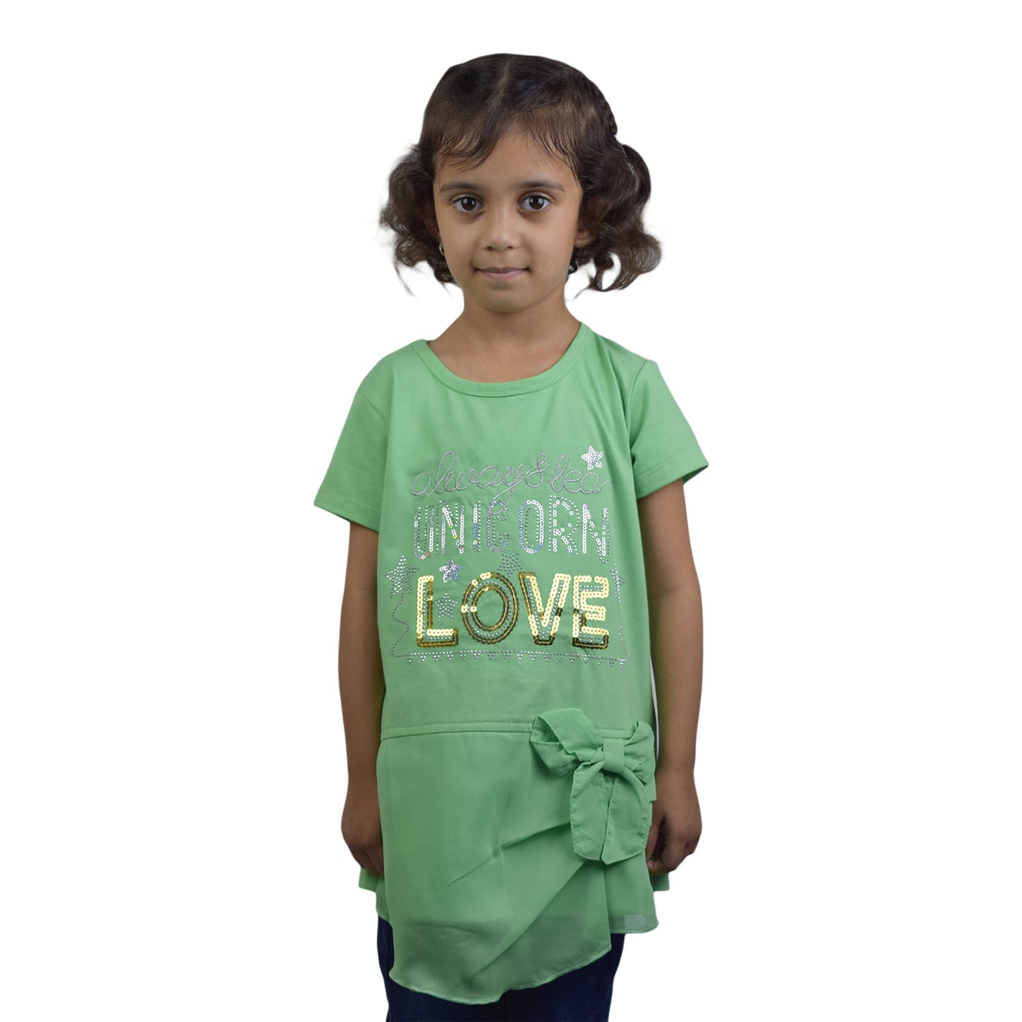 Girls Green Stylish T-Shirt with Sparkling Sequin Writings: Themed Loved