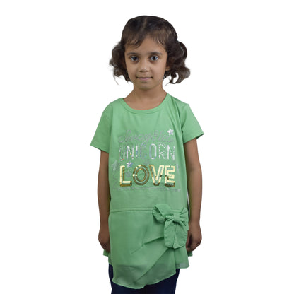 Girls Green Stylish T-Shirt with Sparkling Sequin Writings: Themed Loved