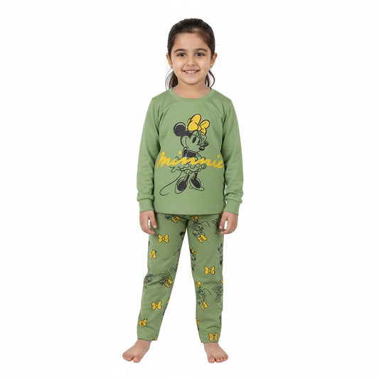 Girls Green & Light Purple Minnie Mouse Set with Printed Shirt and Bottom