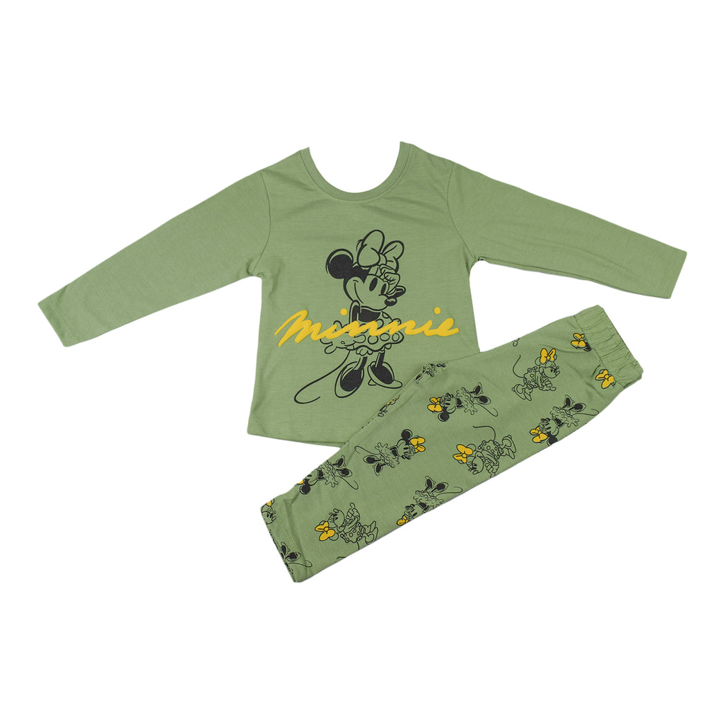 Girls Green & Light Purple Minnie Mouse Set with Printed Shirt and Bottom