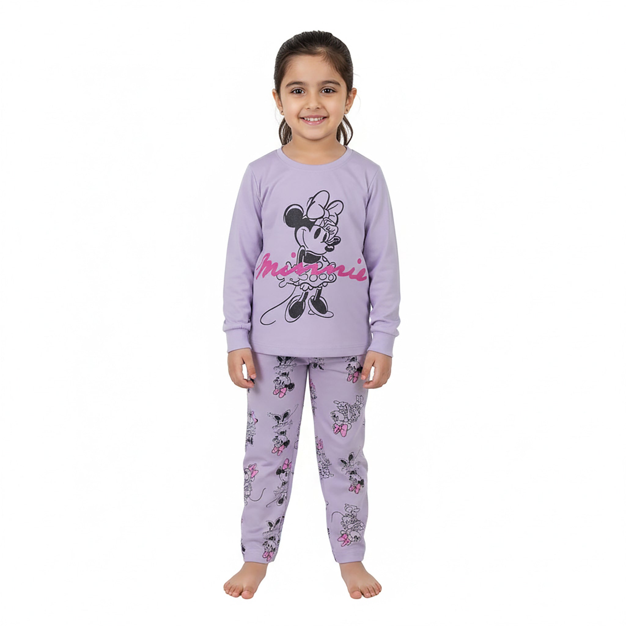 Girls Green & Light Purple Minnie Mouse Set with Printed Shirt and Bottom