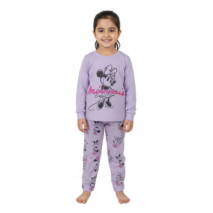 Girls Green & Light Purple Minnie Mouse Set with Printed Shirt and Bottom