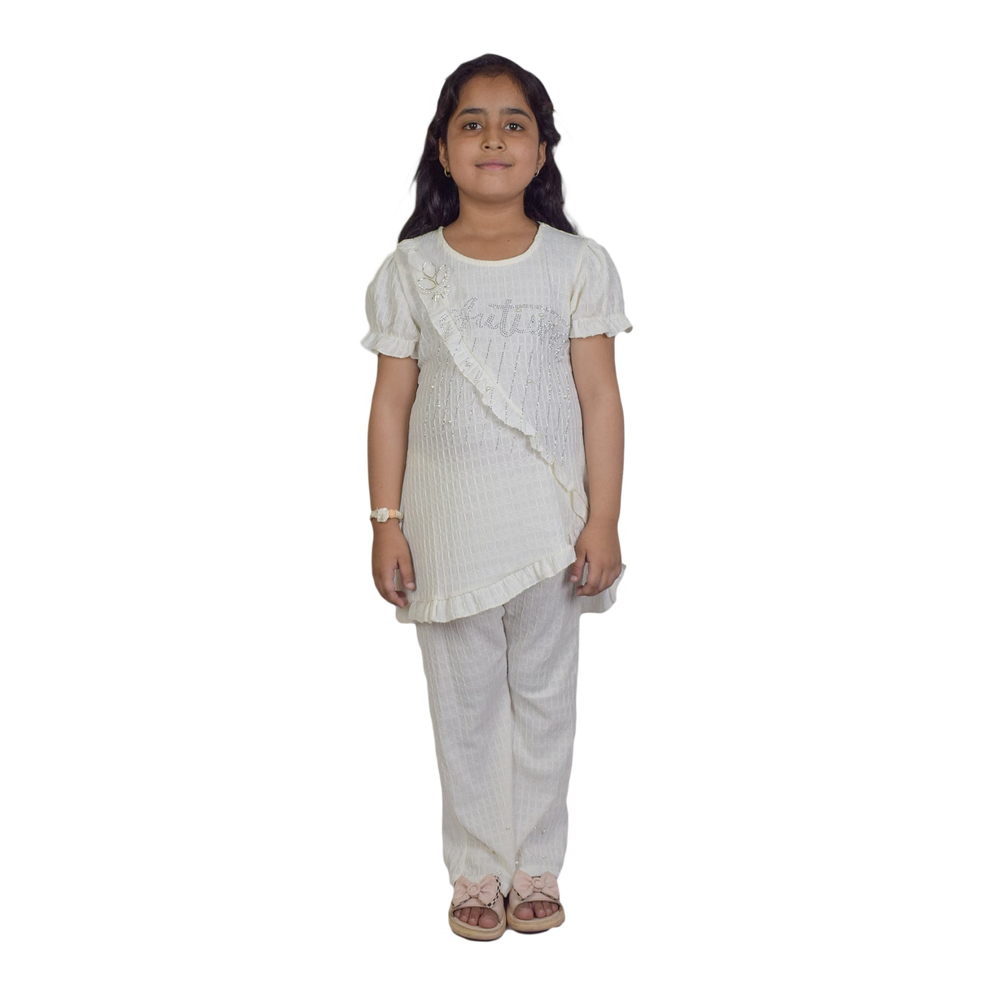 Girls Half White Fancy Kurti & Trouser Set  Pearl Embellished Party Wear