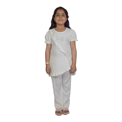 Girls Half White Fancy Kurti & Trouser Set  Pearl Embellished Party Wear