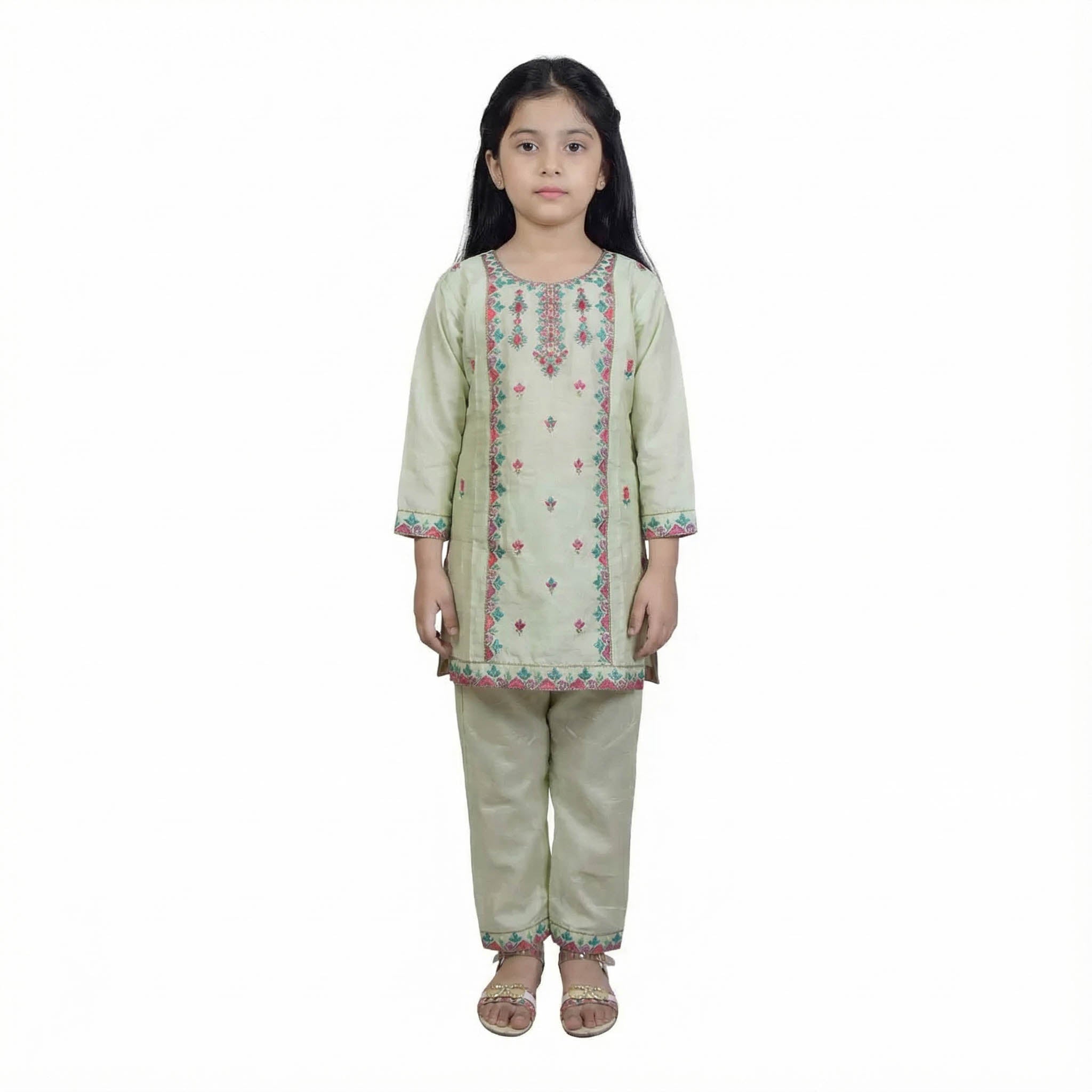 Girls Embroidered Shalwar Kameez with Embroidery on Shirt & Ankle Cuffs | KidZaar