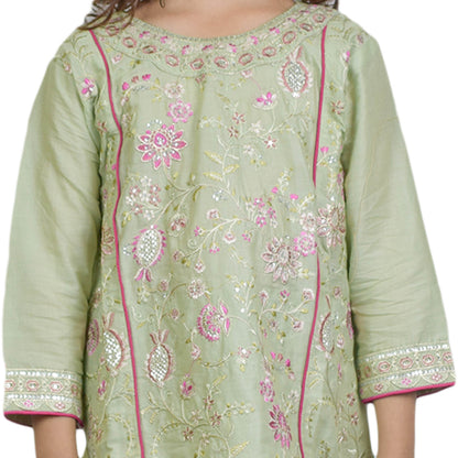 Girls Light Green Embroidered Shalwar Kameez with Embroidered Front & Cuffs | KidZaar