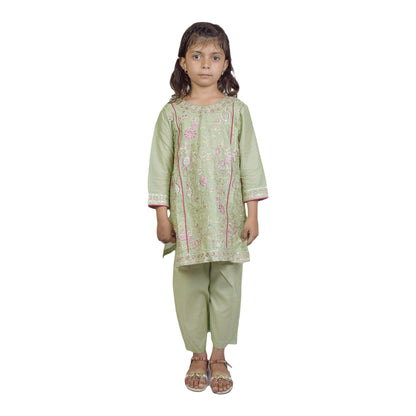 Girls Light Green Embroidered Shalwar Kameez with Embroidered Front & Cuffs | KidZaar