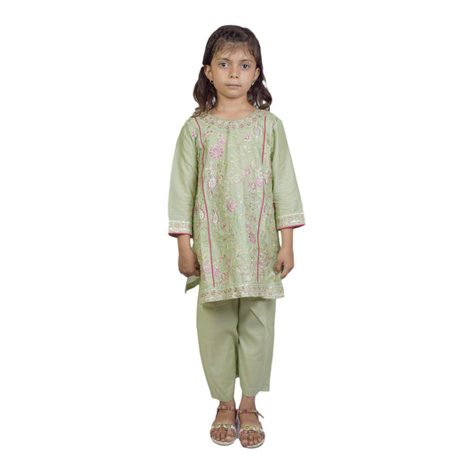 Girls Light Green Embroidered Shalwar Kameez with Embroidered Front & Cuffs | KidZaar