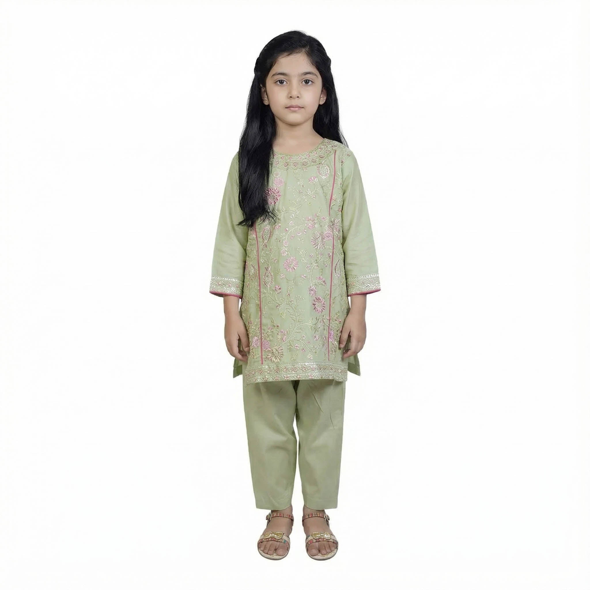 Girls Light Green Embroidered Shalwar Kameez with Embroidered Front & Cuffs | KidZaar