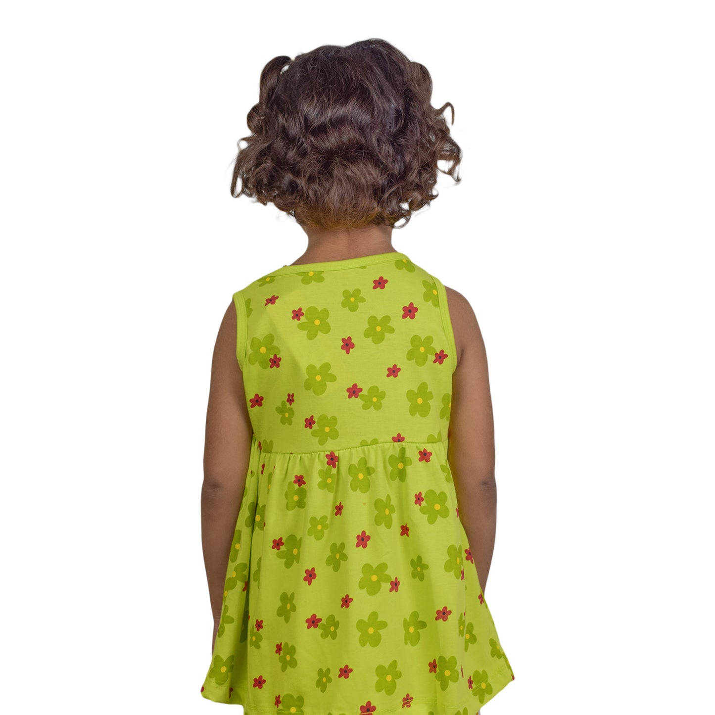Girls Light Green Sleeveless Top with Red & Green Floral Design