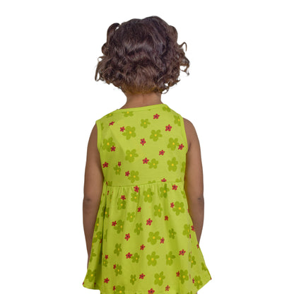 Girls Light Green Sleeveless Top with Red & Green Floral Design