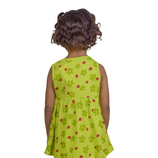 Girls Light Green Sleeveless Top with Red & Green Floral Design
