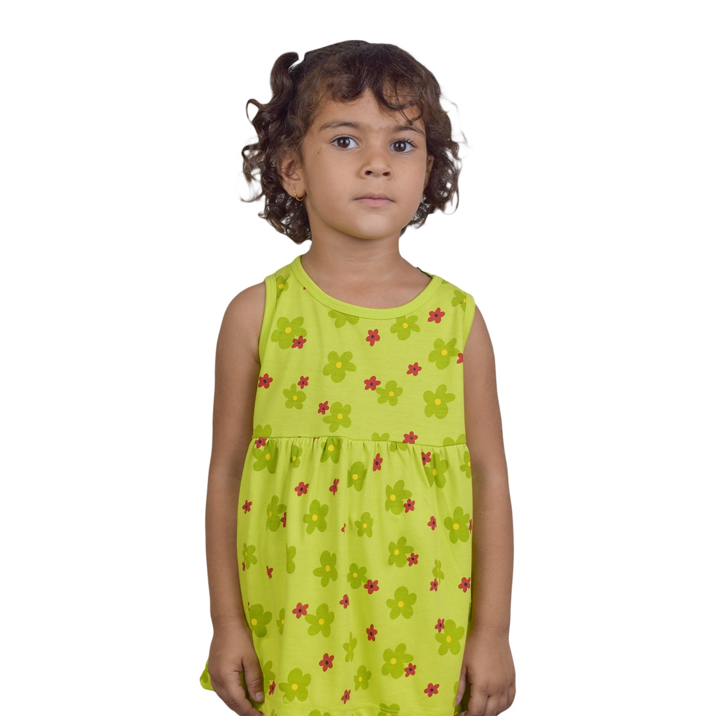 Girls Light Green Sleeveless Top with Red & Green Floral Design