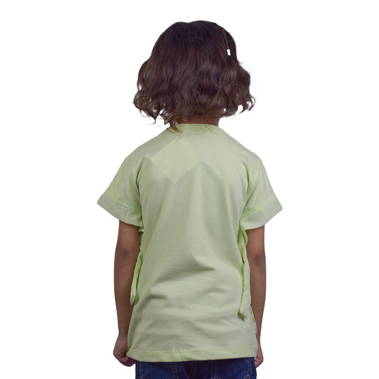 Girls Light Green T-Shirt with Sequin & Flower Design