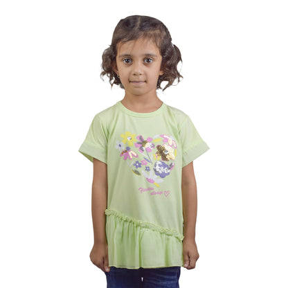 Girls Light Green T-Shirt with Sequin & Flower Design