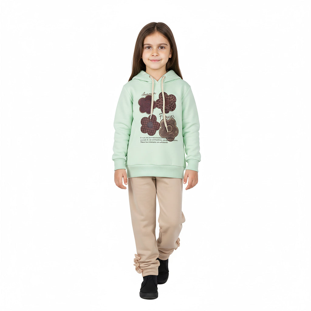 Girls Light Green & Pink Terry Co-ord Set with Floral Printed Hoodie