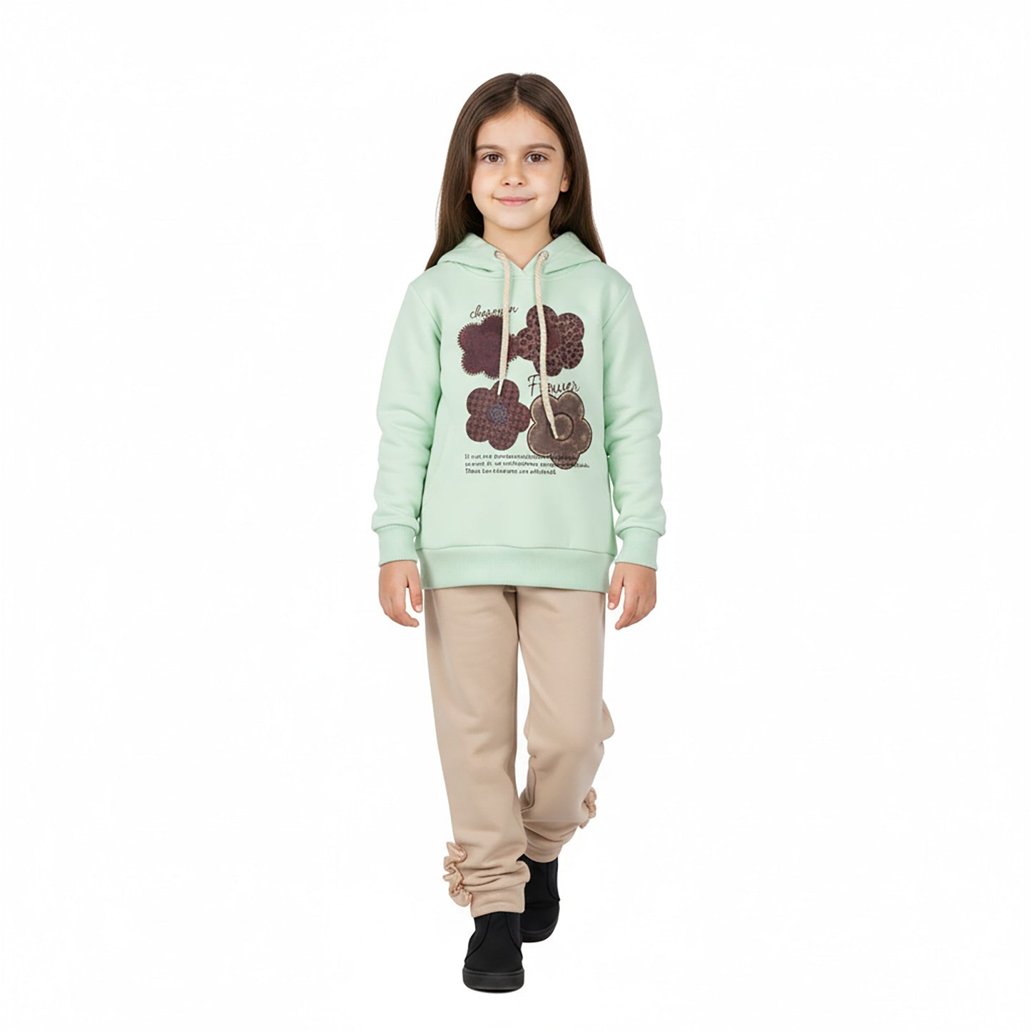 Girls Light Green & Pink Terry Co-ord Set with Floral Printed Hoodie
