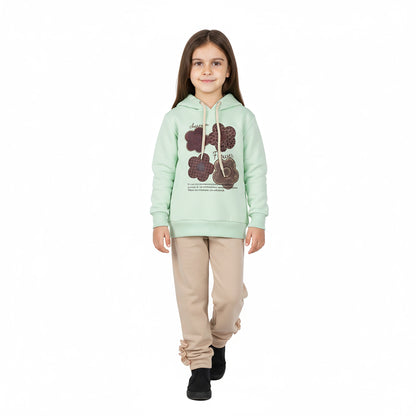 Girls Light Green & Pink Terry Co-ord Set with Floral Printed Hoodie