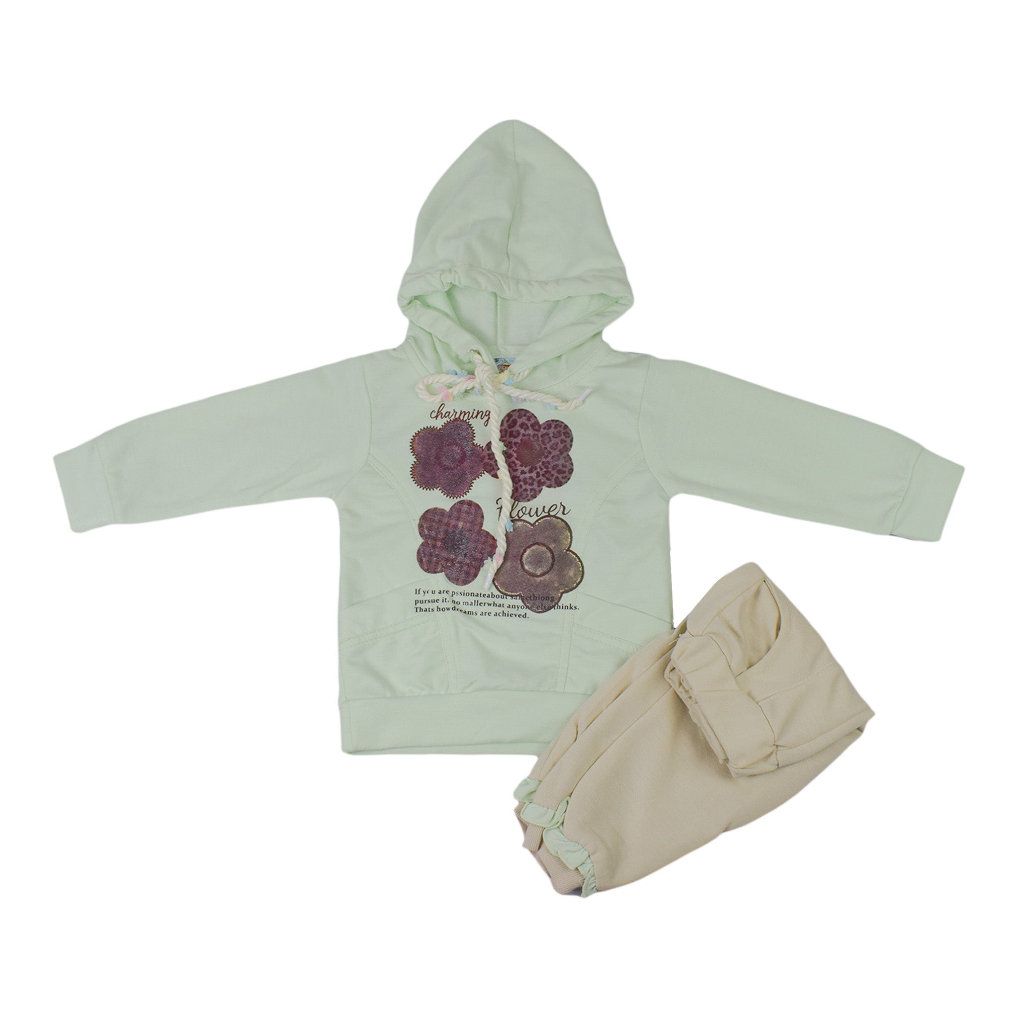 Girls Light Green & Pink Terry Co-ord Set with Floral Printed Hoodie