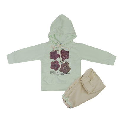 Girls Light Green & Pink Terry Co-ord Set with Floral Printed Hoodie