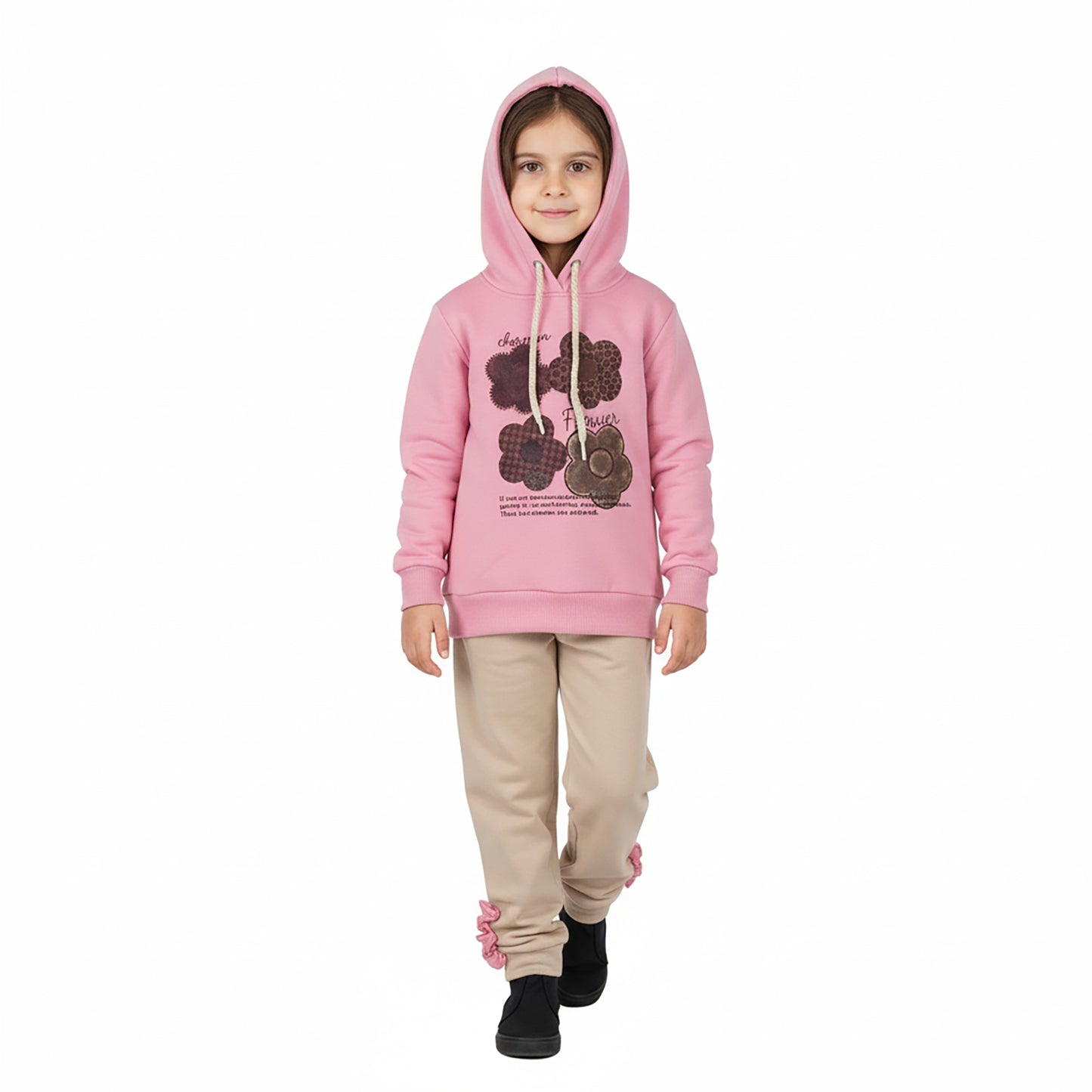 Girls Light Green & Pink Terry Co-ord Set with Floral Printed Hoodie