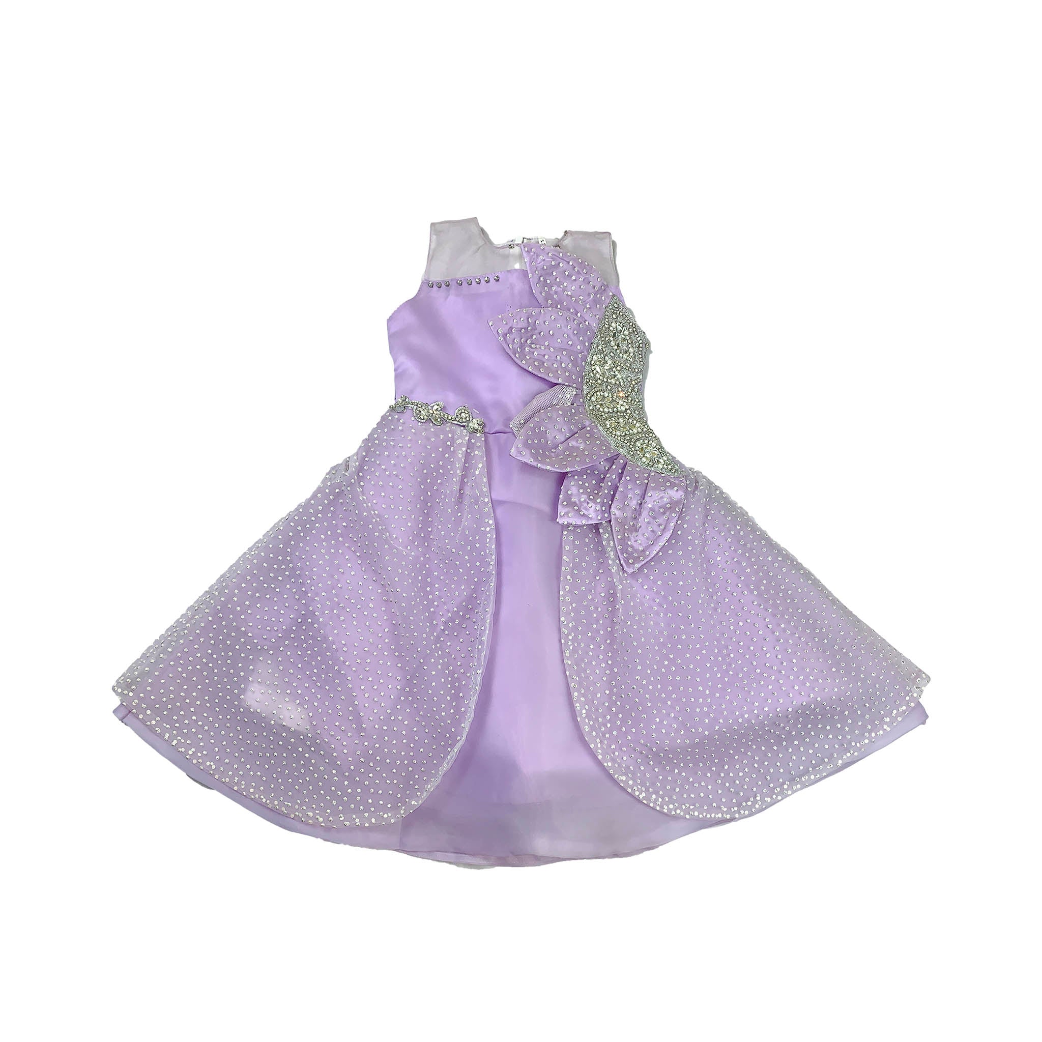 Girls Light Purple Silk Frock with Net & Stone Work